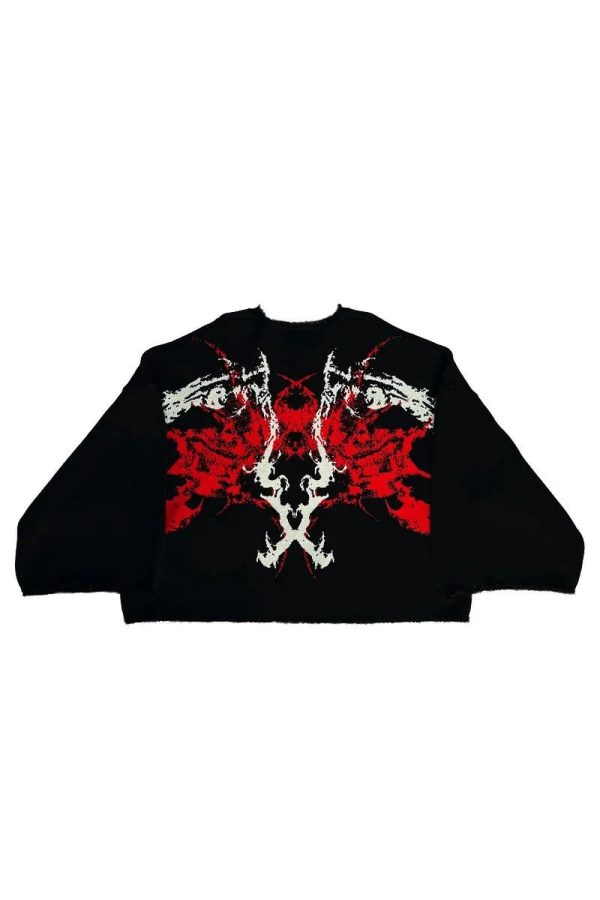 Y2K Grunge Style Black Metal Flame Graphic Sweater for Aesthetic Vibes