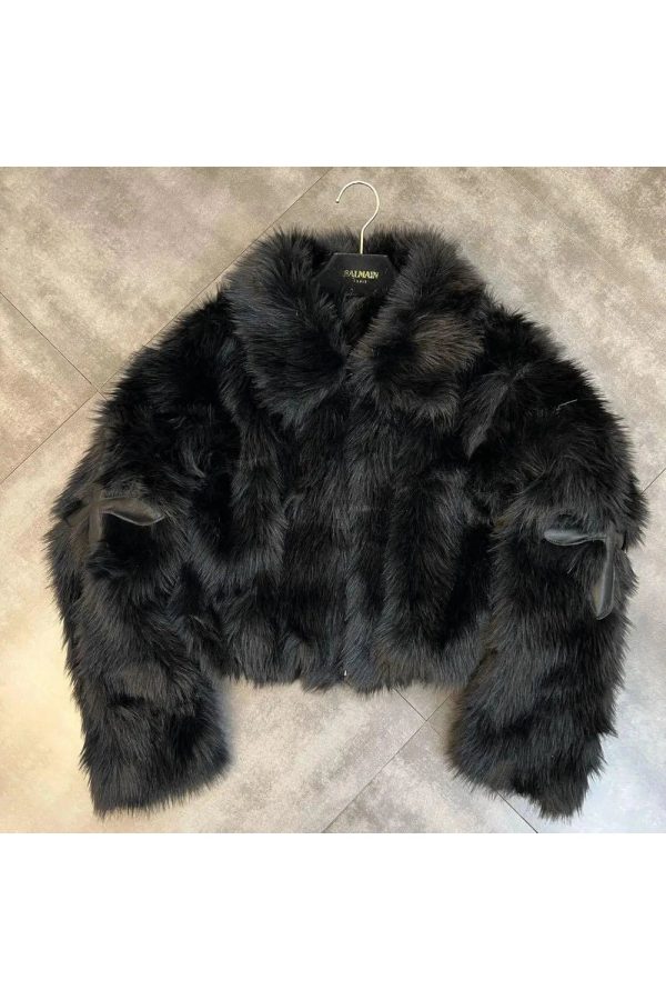 Y2K Grunge Style Dark Cross Faux Fur Jacket for Aesthetic Outfits