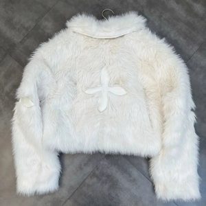 Y2K Grunge Style Dark Cross Faux Fur Jacket for Aesthetic Outfits