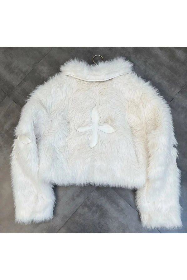 Y2K Grunge Style Dark Cross Faux Fur Jacket for Aesthetic Outfits