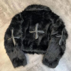 Y2K Grunge Style Dark Cross Faux Fur Jacket for Aesthetic Outfits