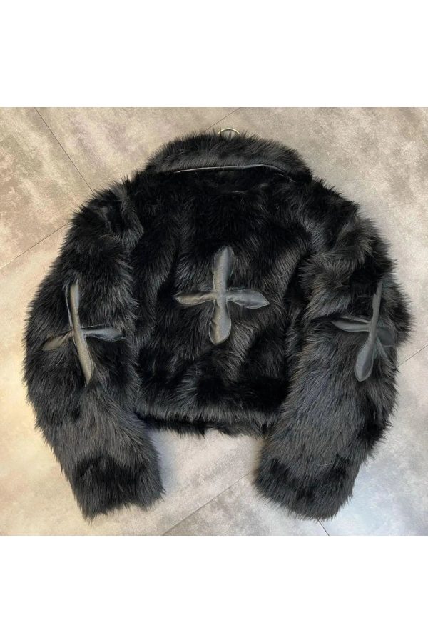 Y2K Grunge Style Dark Cross Faux Fur Jacket for Aesthetic Outfits