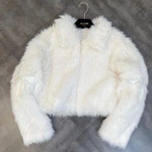 Y2K Grunge Style Dark Cross Faux Fur Jacket for Aesthetic Outfits