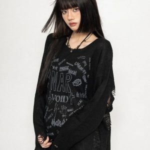 Y2K Grunge Style Distressed Sweater for Cozy Aesthetic Outfits