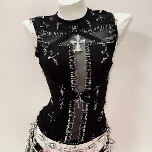 Y2K Grunge Style Safety Pin Cross Punk Top for Aesthetic Outfits