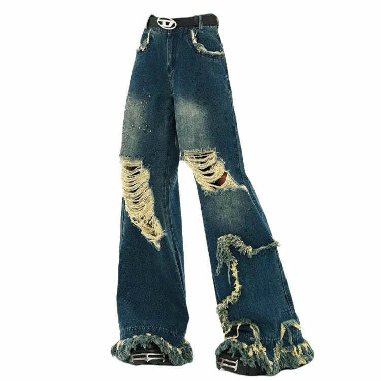 Y2K Grunge Style Star Girl Destroyed Jeans for Aesthetic Outfits