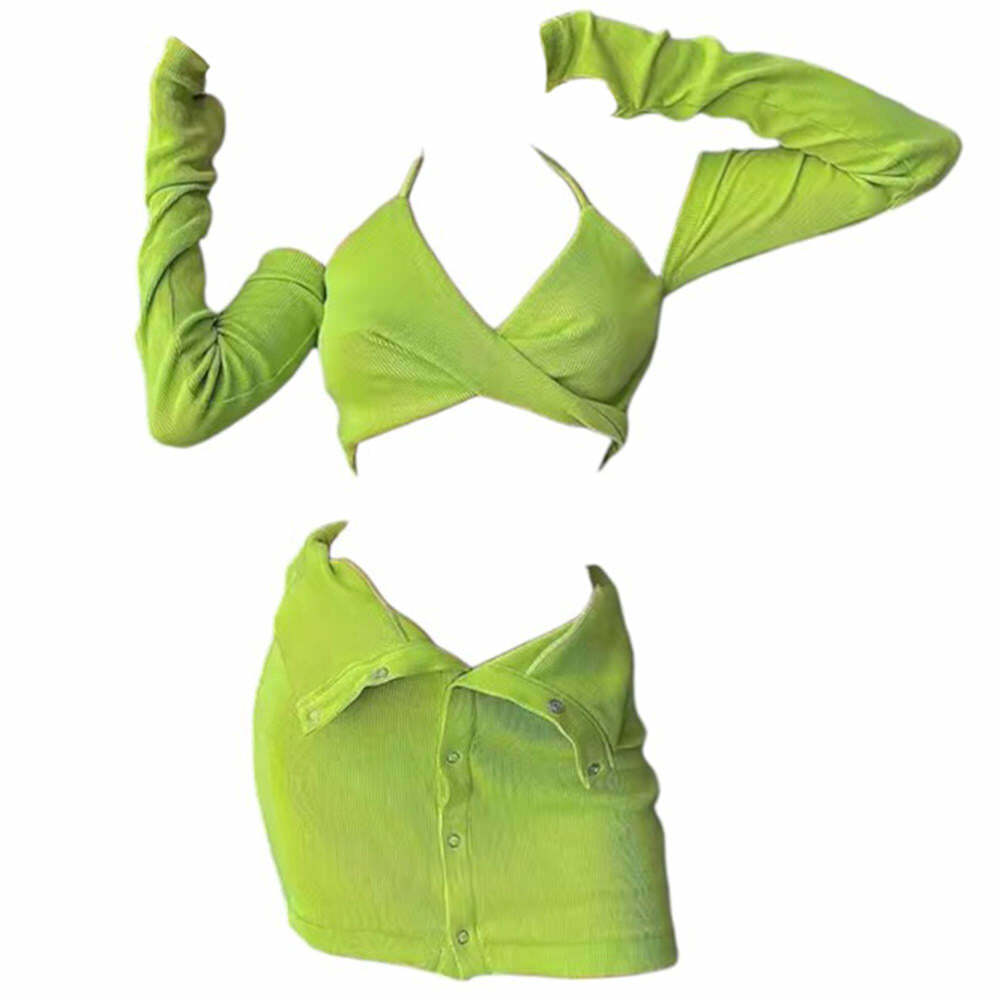 Y2K Halter Top, Gloves & Cargo Skirt Set for Trendy Aesthetic Outfits