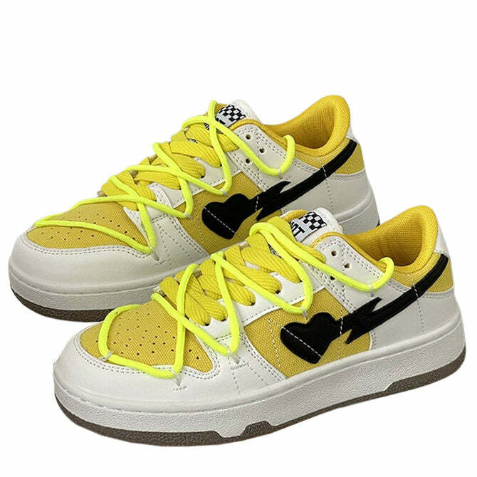 Y2K Heart Aesthetic Sneakers in Yellow & Black for Trendy Outfits