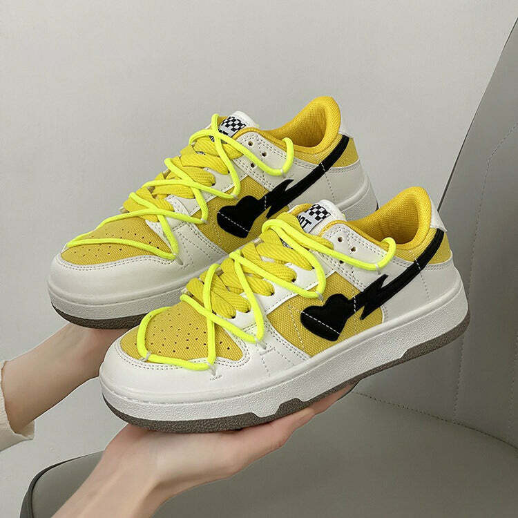 Y2K Heart Aesthetic Sneakers in Yellow & Black for Trendy Outfits