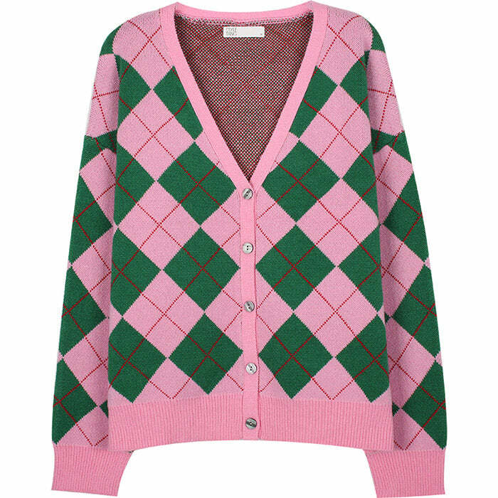 Y2K-Inspired Green & Pink Argyle Cardigan for Cozy Aesthetic Vibes