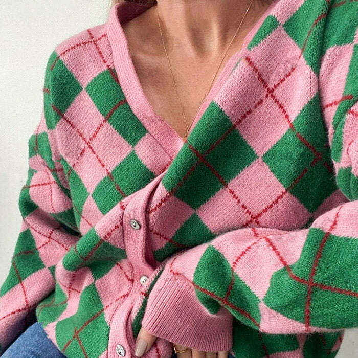 Y2K-Inspired Green & Pink Argyle Cardigan for Cozy Aesthetic Vibes