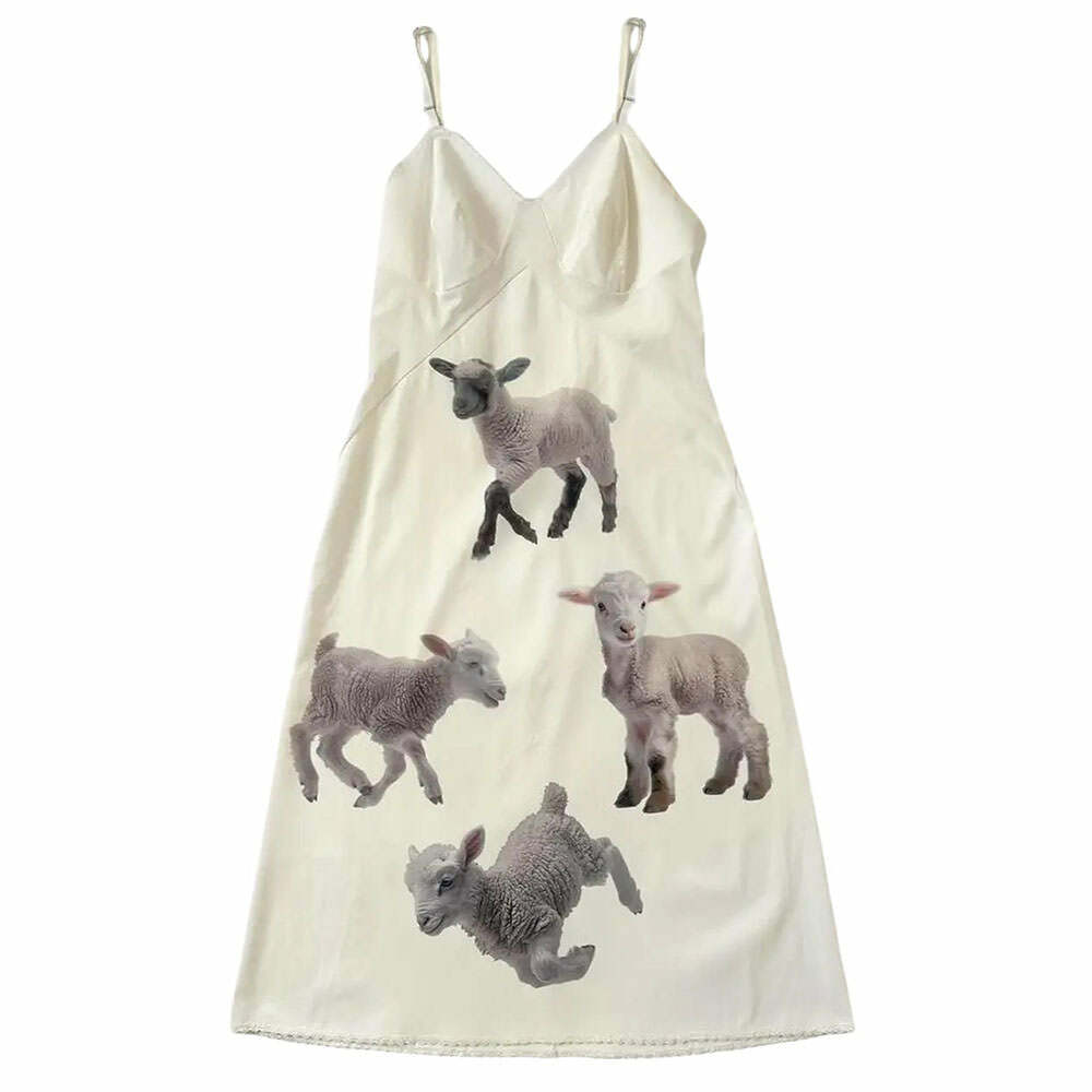 Y2K Lambs Print Slip Dress - Cute Pastel Goth Aesthetic Fashion Piece