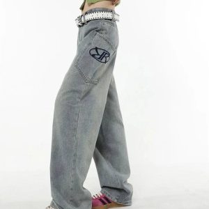 Y2K Loose Fit Logo Jeans for Trendy Grunge and Coquette Aesthetic Styles