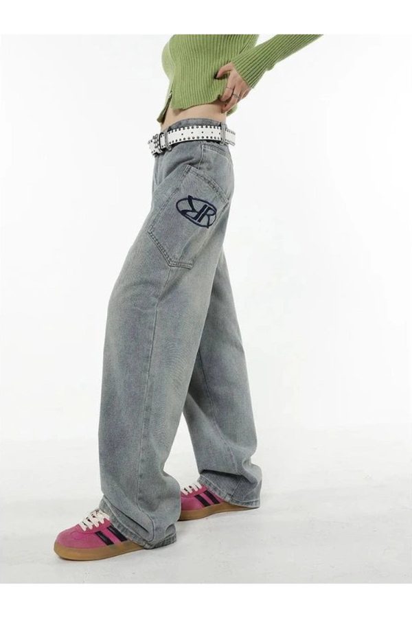 Y2K Loose Fit Logo Jeans for Trendy Grunge and Coquette Aesthetic Styles