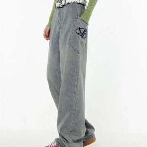 Y2K Loose Fit Logo Jeans for Trendy Grunge and Coquette Aesthetic Styles