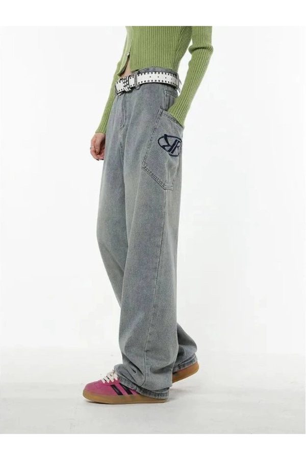 Y2K Loose Fit Logo Jeans for Trendy Grunge and Coquette Aesthetic Styles