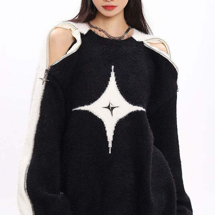 Y2K Open-Shoulder Sweater: Cozy Chic for Grunge and Coquette Aesthetics