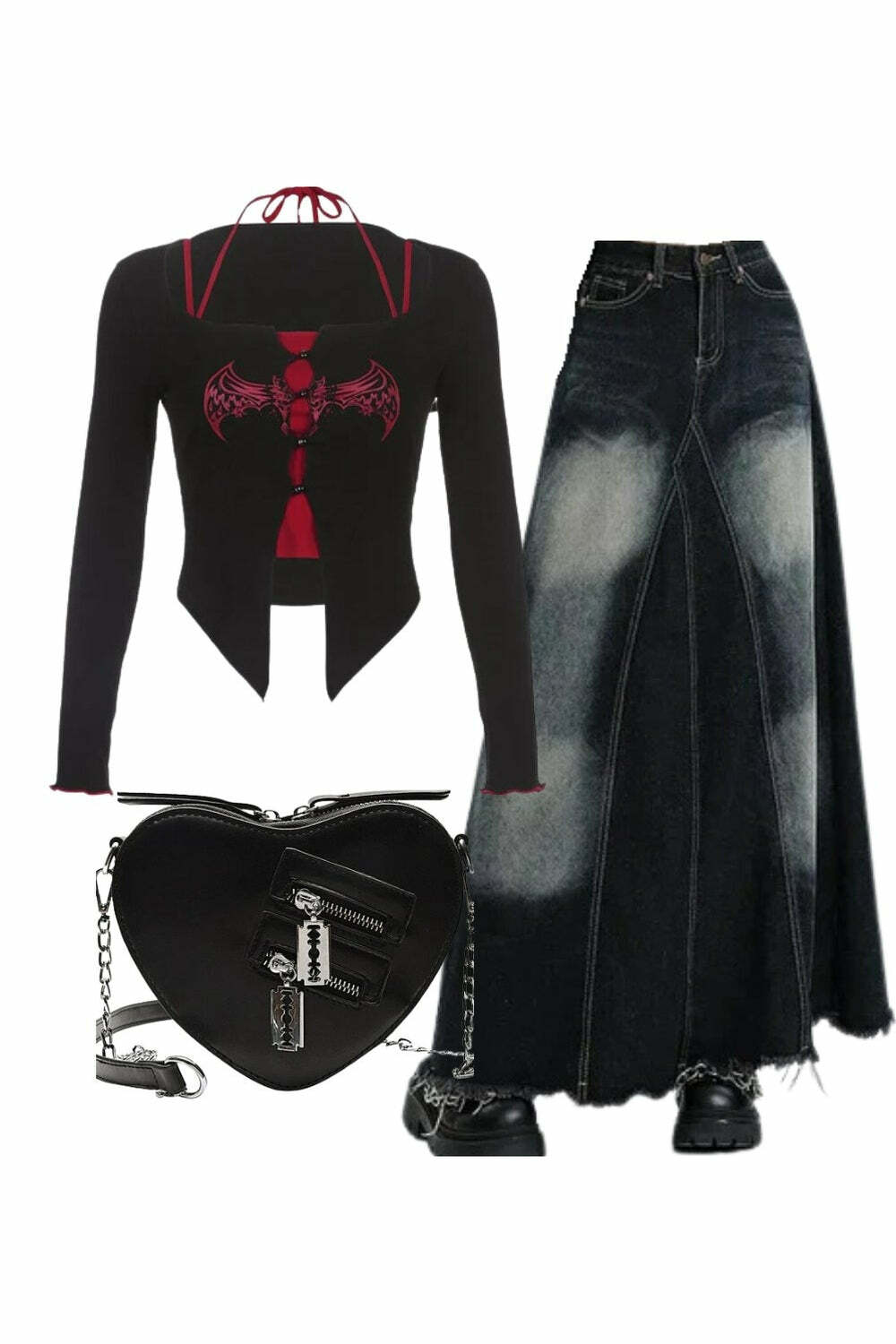 Y2K Outfit: Alt Goth Graphic Tee, Faded Black Maxi Skirt & Punk Chain Bag