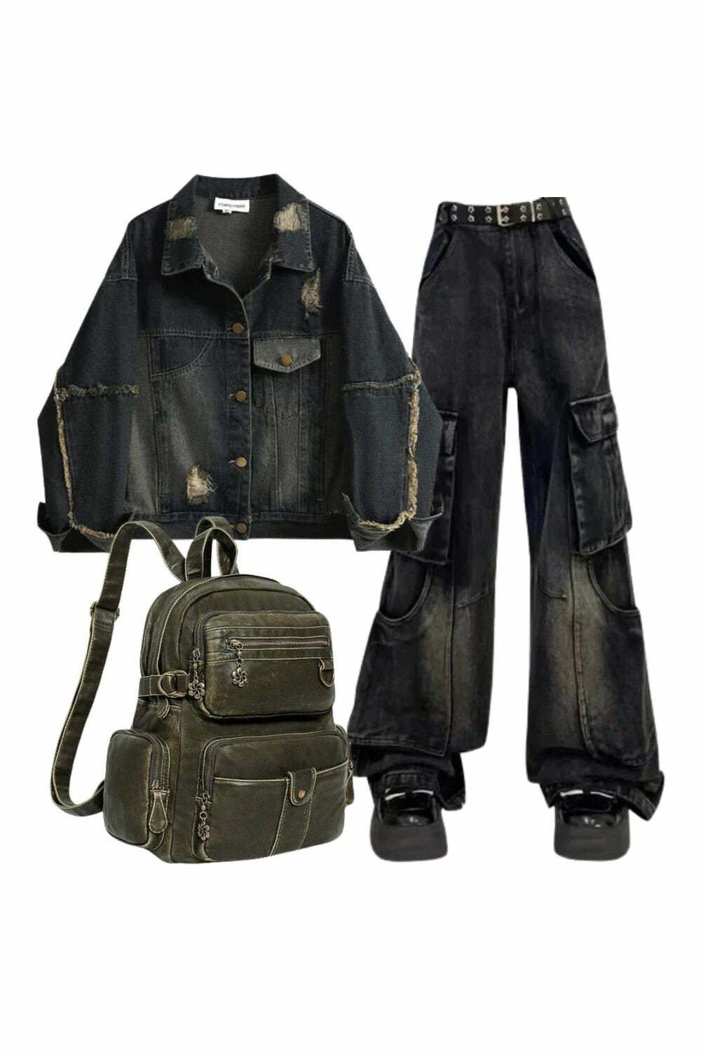 Y2K Outfit: Distressed Denim Jacket, Gothic Cargo Flare Jeans & Vintage Backpack