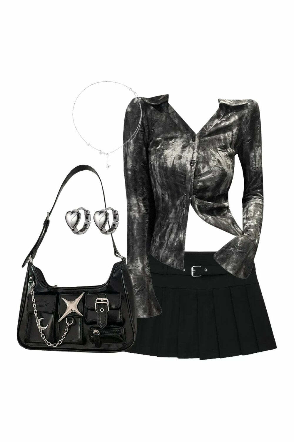 Y2K Outfit: Metallic Asymmetrical Blouse & Chic Zipper Skirt with Handbag