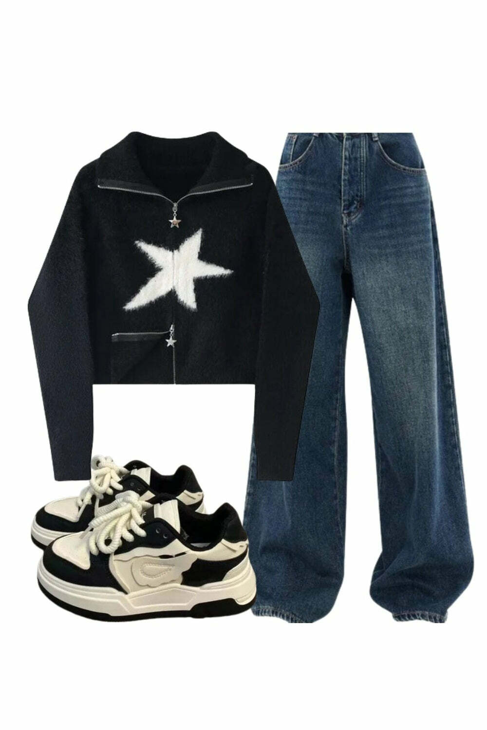 Y2K Outfit: Oversized Dark Wash Wide-Leg Jeans & Star Zip-Up Sweater