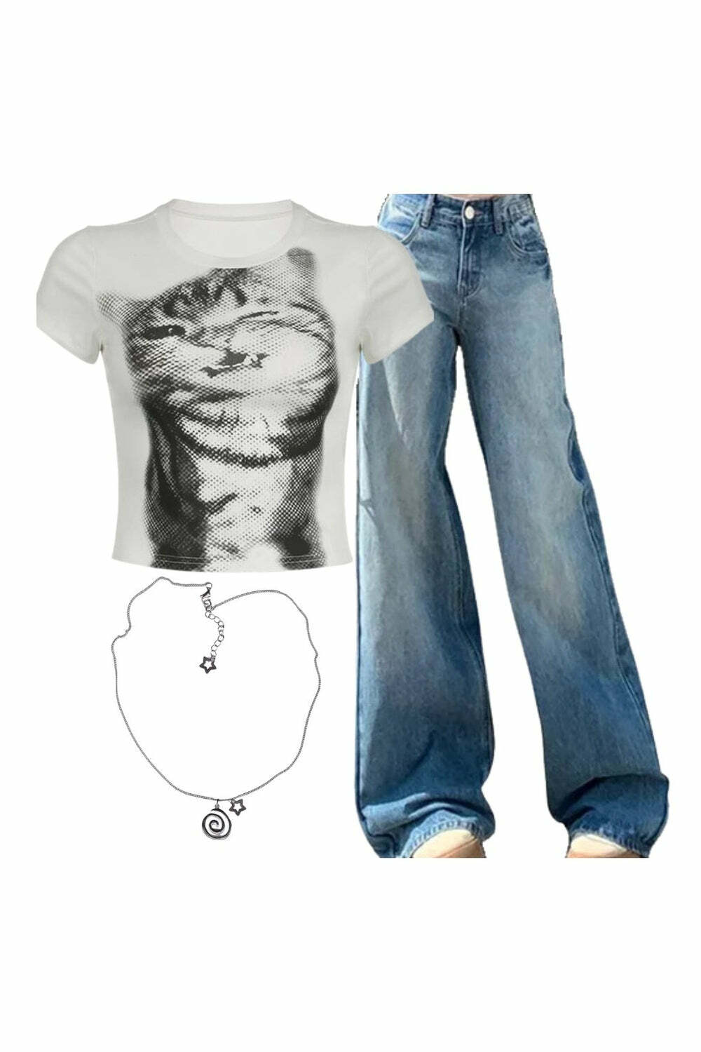 Y2K Outfit: Pixelated Cat Graphic Crop Top & Light Wash Wide-Leg Jeans