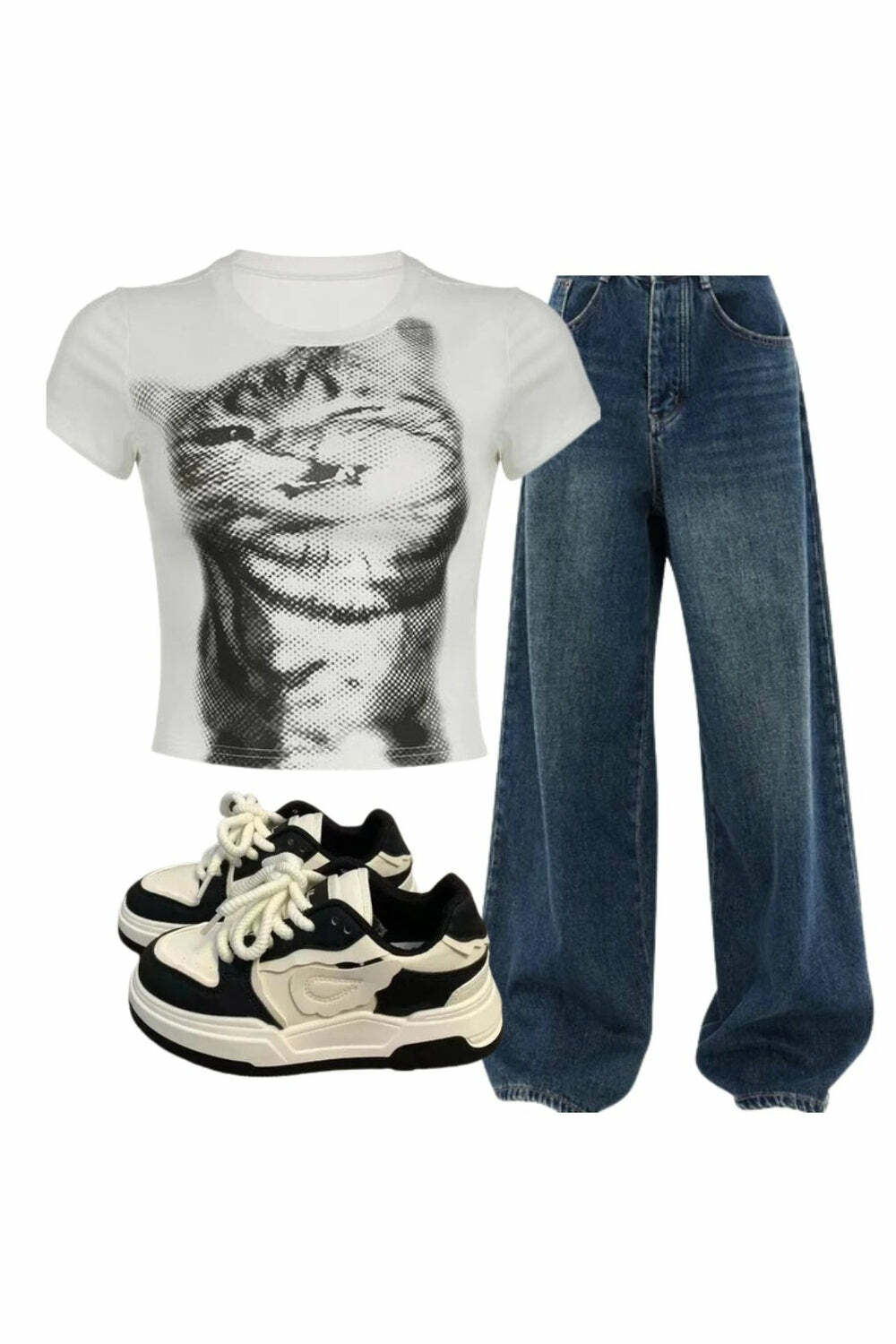 Y2K Outfit: Pixelated Cat Graphic Crop Top & Oversized Wide-Leg Jeans