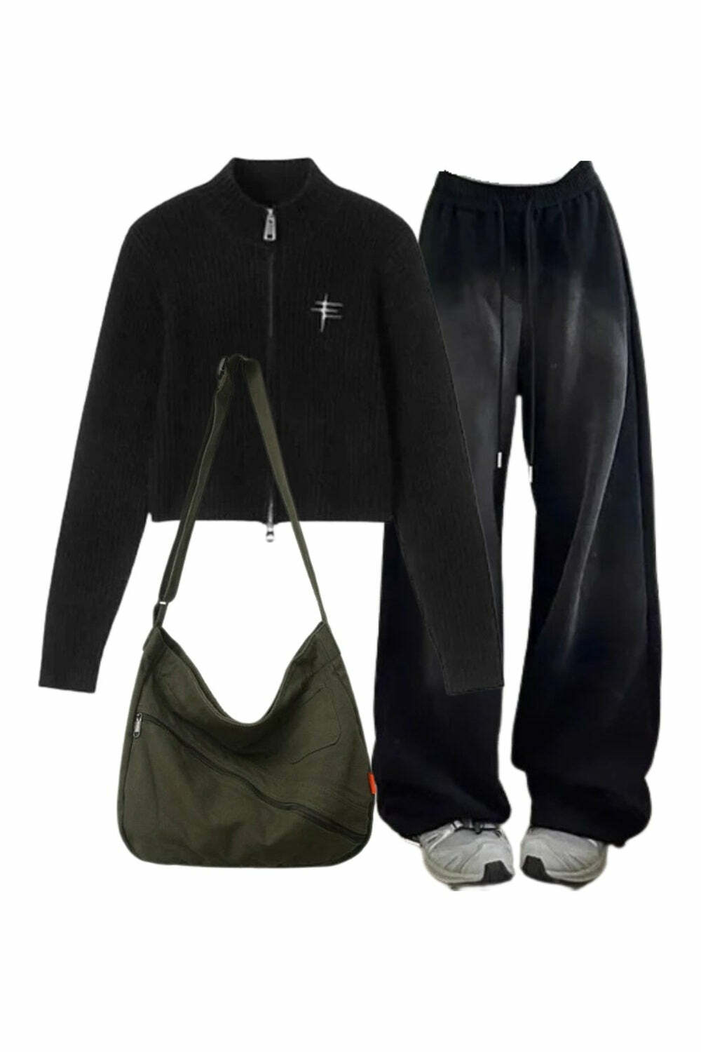 Y2K Outfit: Ribbed Turtleneck Sweater, Baggy Grunge Sweatpants & Tote Bag