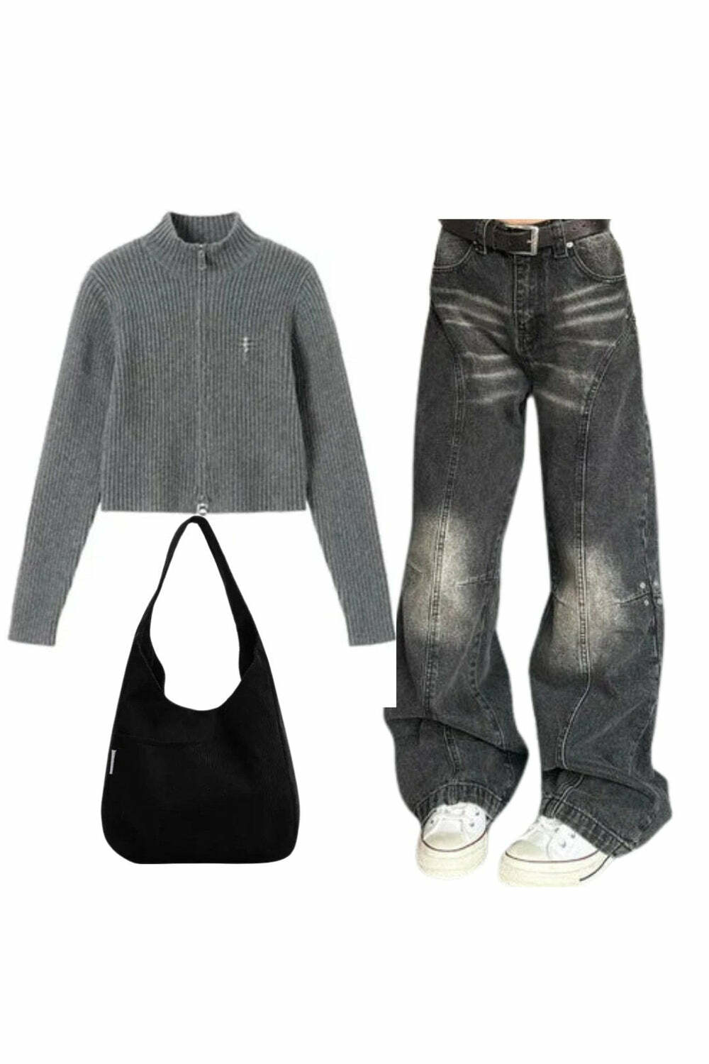 Y2K Outfit: Ribbed Zip-Up Turtleneck Sweater & Washed Black Wide-Leg Jeans