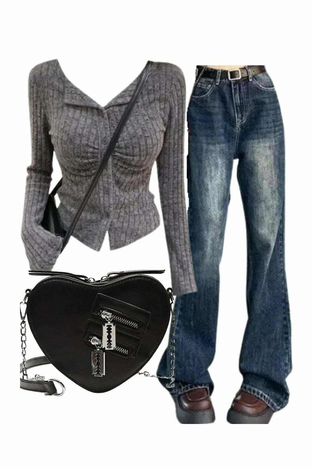 Y2K Outfit: Ruched Ribbed Cardigan & Vintage Flare Jeans with Punk Bag