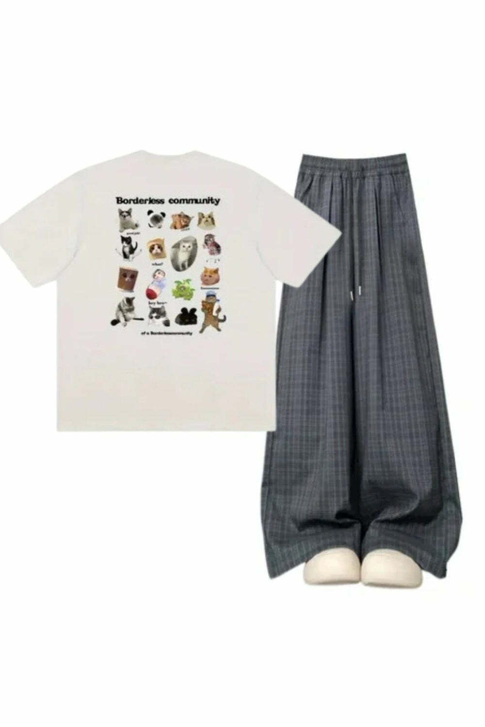 Y2K Outfit: Slouchy Plaid Pants & Playful Pet Print Tee for Trendy Vibes