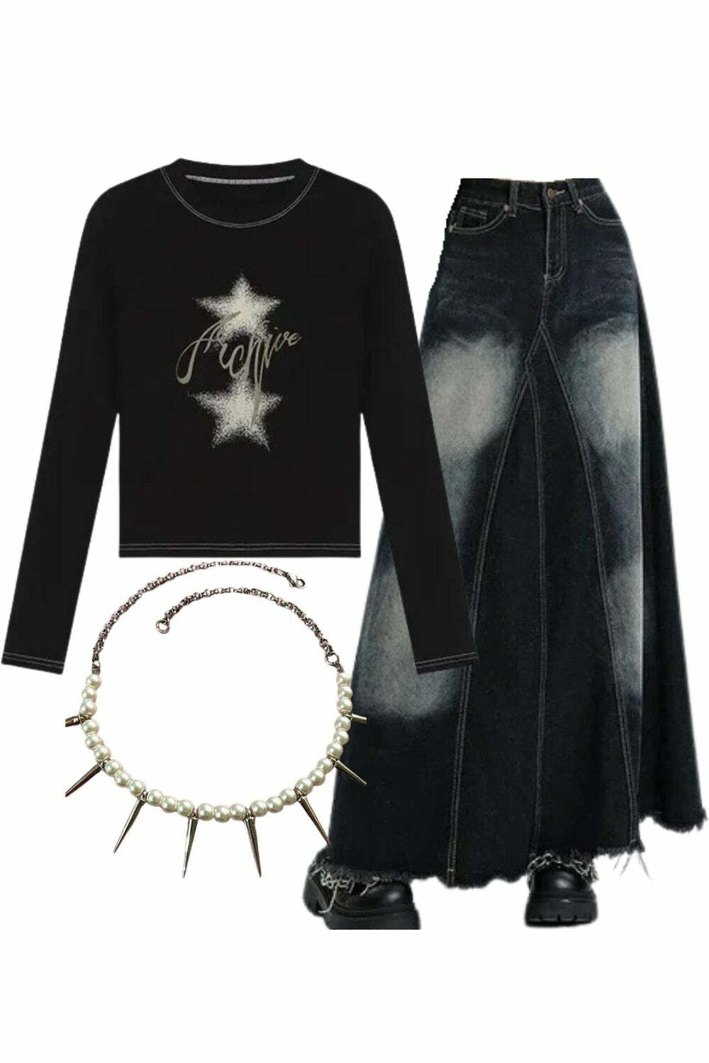 Y2K Outfit: Sparkly Top, Faded Black Maxi Skirt & Pearl Spike Necklace