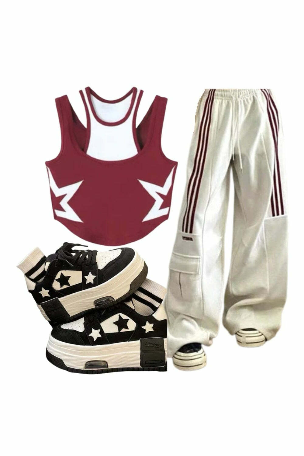 Y2K Outfit: Striped Cargo Pants, Star Racerback Crop Top & Star Skateboard Shoes