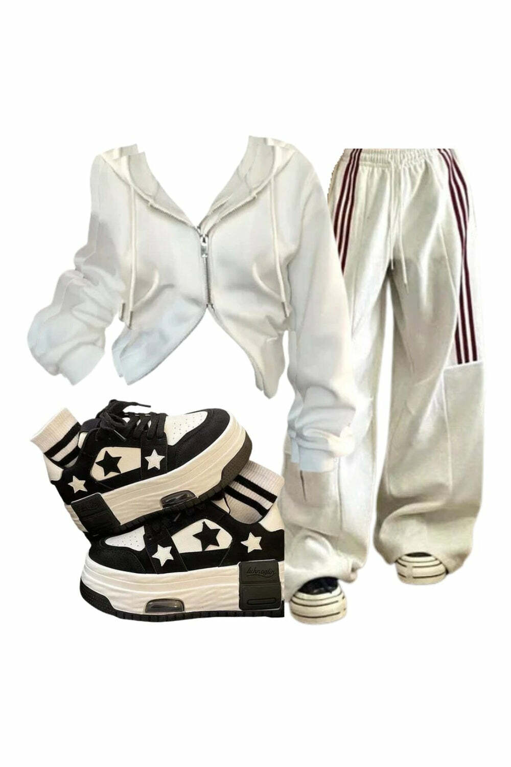 Y2K Outfit: Striped Cargo Pants, White Zip Hoodie & Acubi Star Skate Shoes