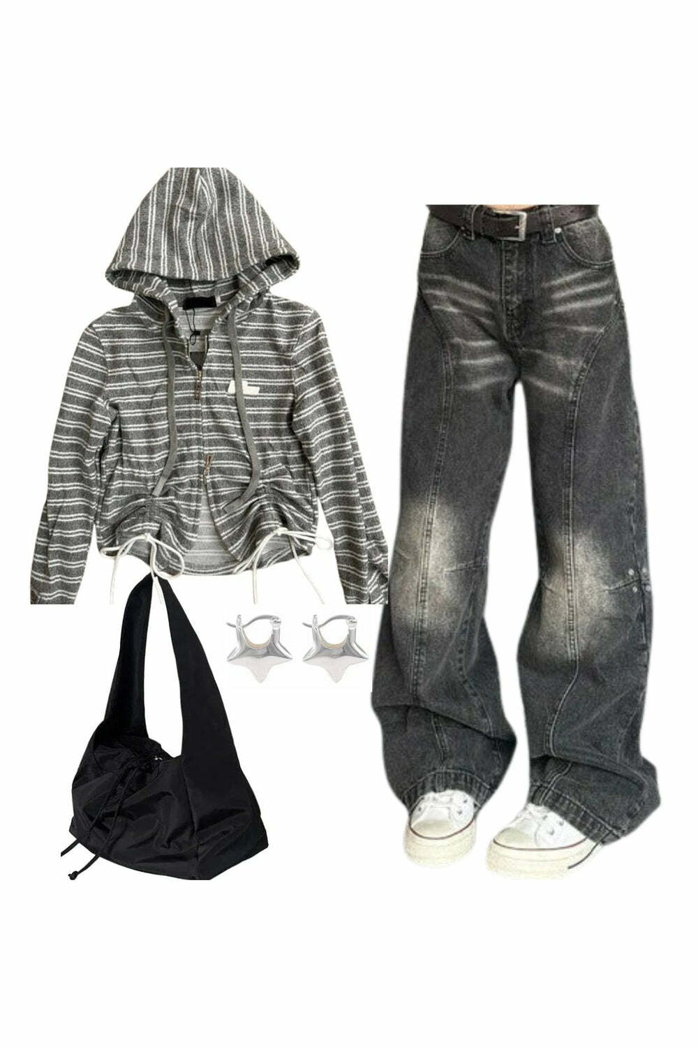 Y2K Outfit: Striped Cozy Zip-Up Hoodie & Washed Black Wide-Leg Jeans Set