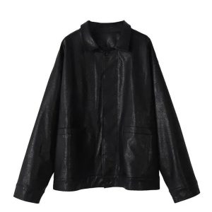 Y2K Oversized Black Leather Shirt Jacket for Grunge and Coquette Aesthetic