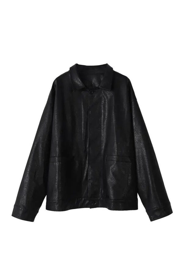 Y2K Oversized Black Leather Shirt Jacket for Grunge and Coquette Aesthetic