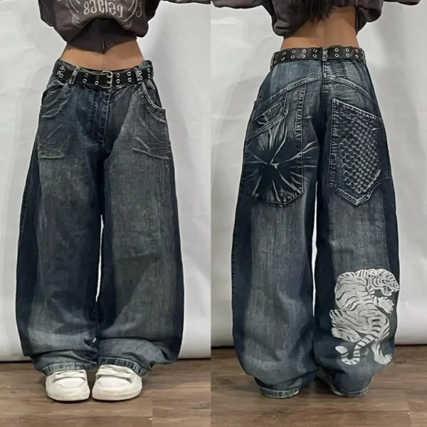 Y2K Oversized Pocket Jeans for Trendy Grunge and Coquette Aesthetic