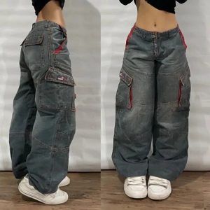 Y2K Oversized Pocket Jeans for Trendy Grunge and Coquette Aesthetic