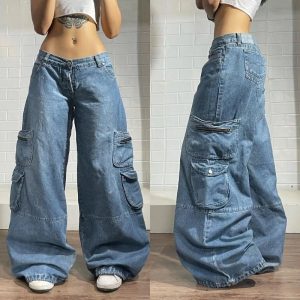 Y2K Oversized Pocket Jeans for Trendy Grunge and Coquette Aesthetic