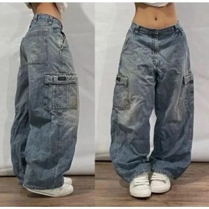 Y2K Oversized Pocket Jeans for Trendy Grunge and Coquette Aesthetic