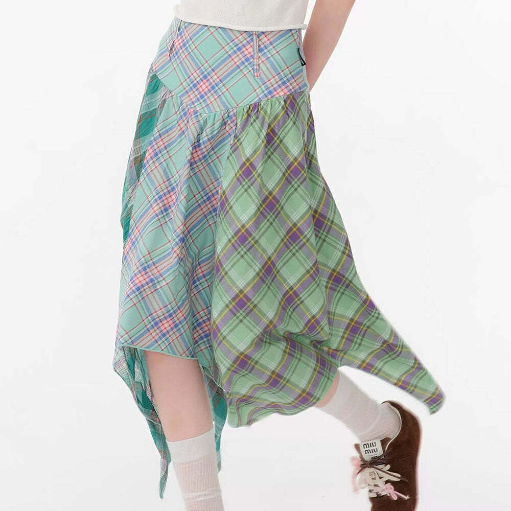 Y2K Patchwork Midi Plaid Skirt for Coquette and Grunge Aesthetic Styles