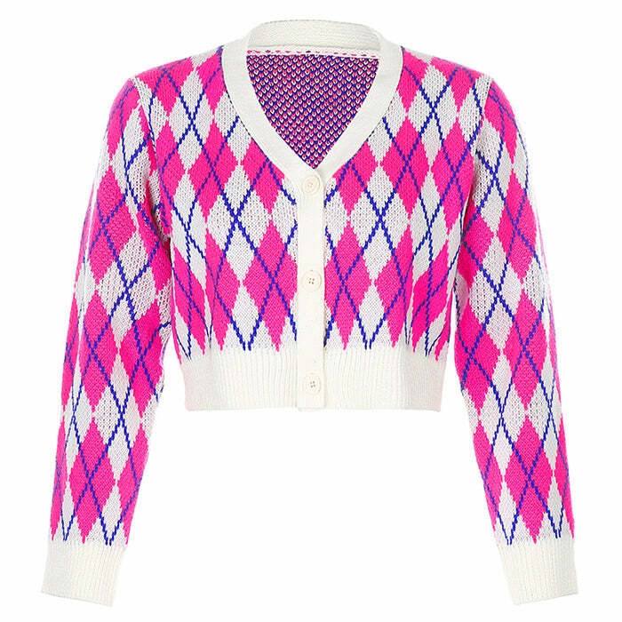 Y2K Pink Argyle Check Cardigan for Coquette and Grunge Aesthetic Styles