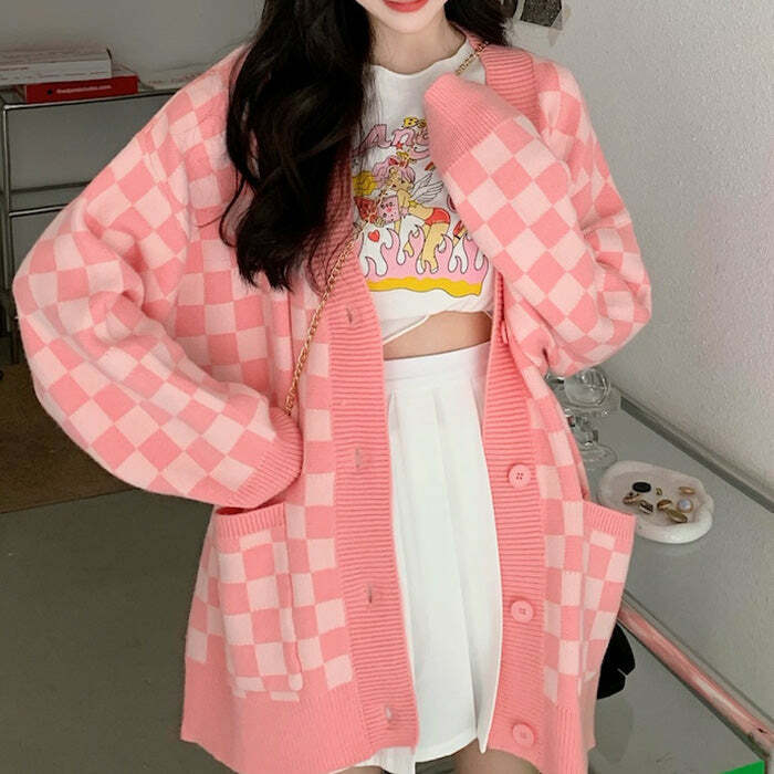 Y2K Pink Checkered Cardigan for Coquette Aesthetic & Cute Outfits