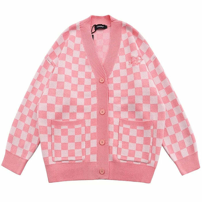 Y2K Pink Checkered Cardigan for Coquette Aesthetic & Cute Outfits