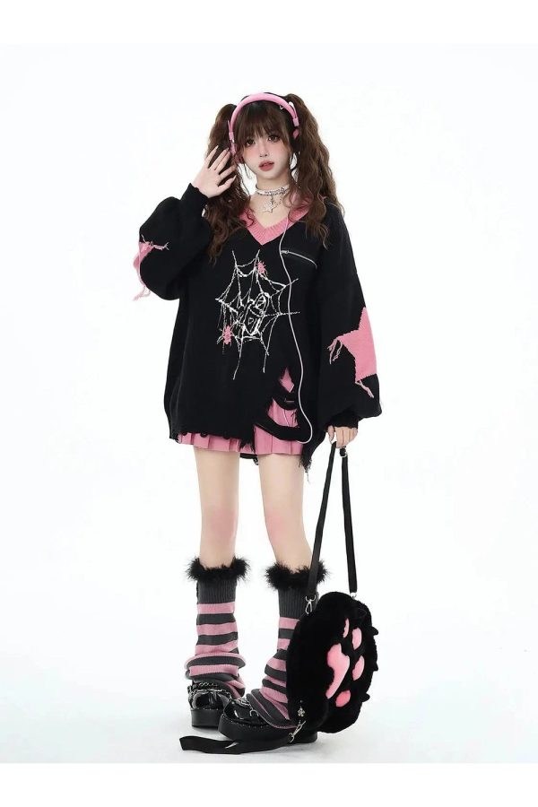 Y2K Pink Gothic Web Sweater - Cute Grunge Aesthetic Knit Top