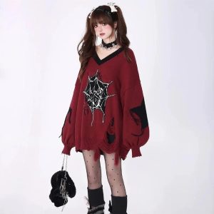 Y2K Pink Gothic Web Sweater - Cute Grunge Aesthetic Knit Top