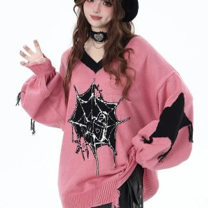 Y2K Pink Gothic Web Sweater - Cute Grunge Aesthetic Knit Top