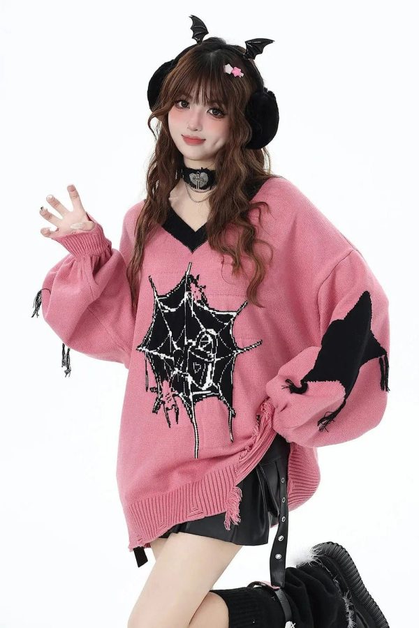 Y2K Pink Gothic Web Sweater - Cute Grunge Aesthetic Knit Top