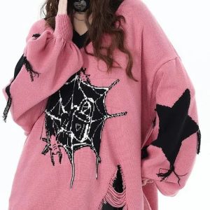 Y2K Pink Gothic Web Sweater - Cute Grunge Aesthetic Knit Top